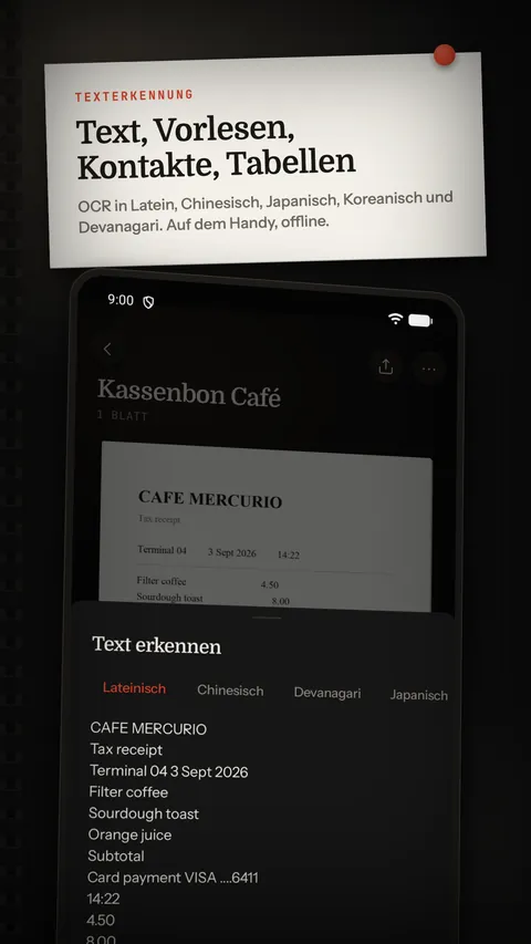 Erkannter Text mit Vorlesen, Kontakt und Tabelle