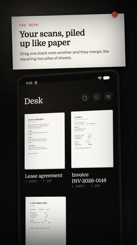 The Pila desk with three stacks: a lease, an invoice and a receipt