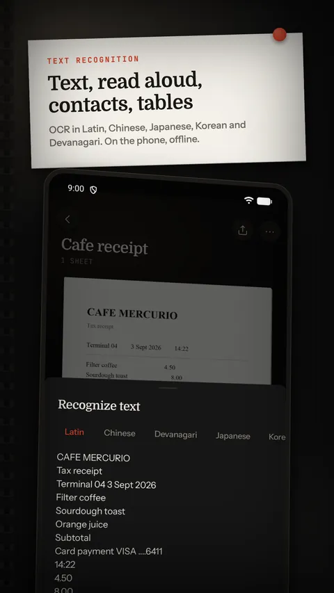 Recognised text, with read aloud, contact and table options