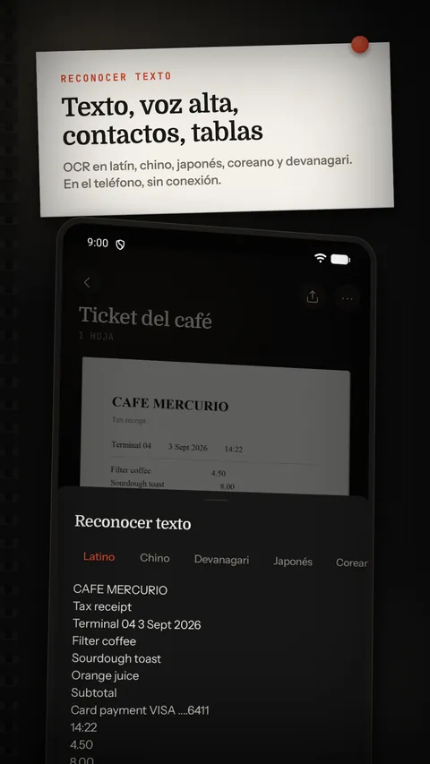 Texto reconocido, con opciones de leer en voz alta, contacto y tabla