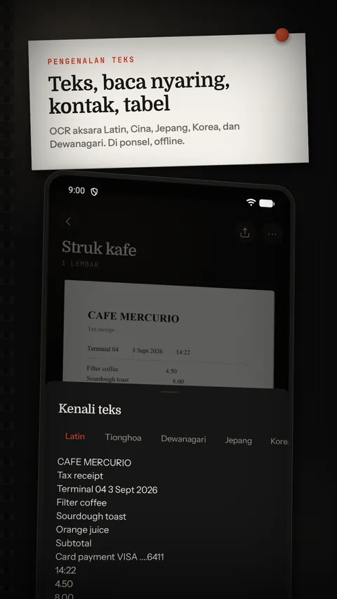 Teks yang dikenali, dengan opsi baca nyaring, kontak, dan tabel