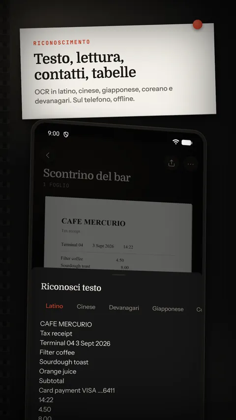 Testo riconosciuto, con lettura ad alta voce, contatto e tabella