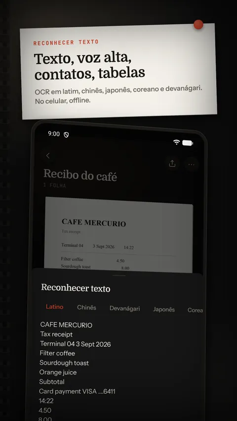 Texto reconhecido, com opções de ler em voz alta, contato e tabela